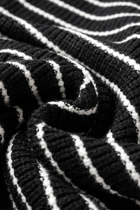 Striped Ribbed Knit V Neck Collared Sweater