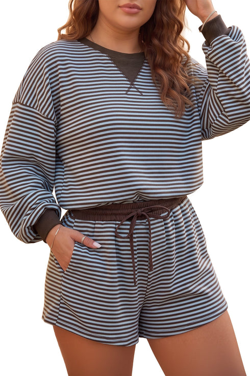 Striped Ribbed Paneled Long Sleeve Top Short Lounge Set
