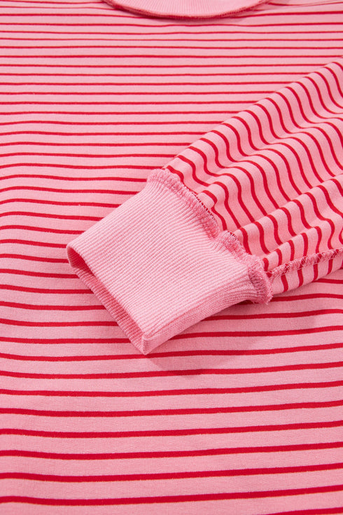 Striped Ribbed Patchwork Mock Neck Baggy Pullover Short Set
