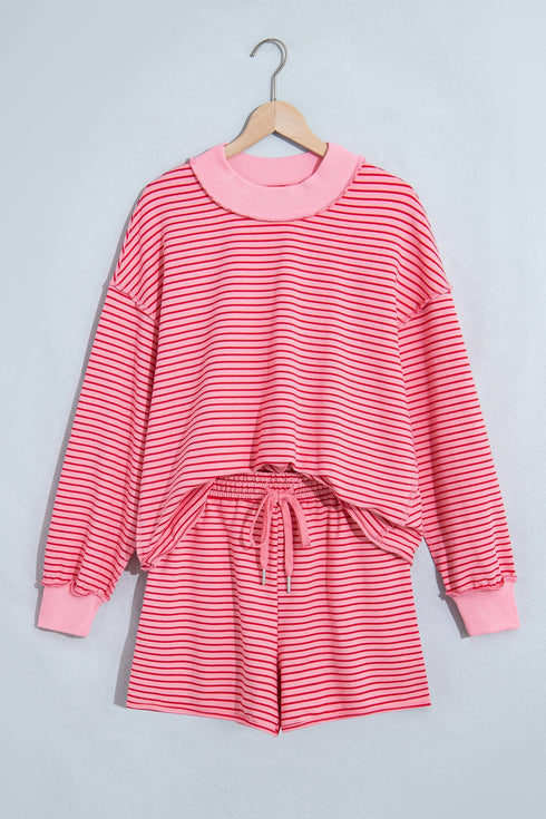 Striped Ribbed Patchwork Mock Neck Baggy Pullover Short Set