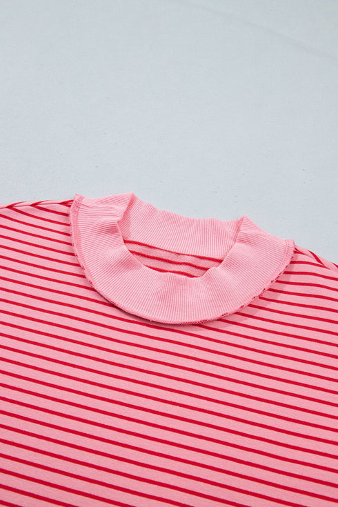 Striped Ribbed Patchwork Mock Neck Baggy Pullover Short Set