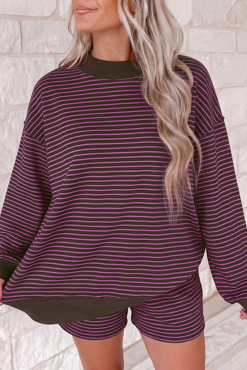 Striped Ribbed Patchwork Mock Neck Baggy Pullover Short Set