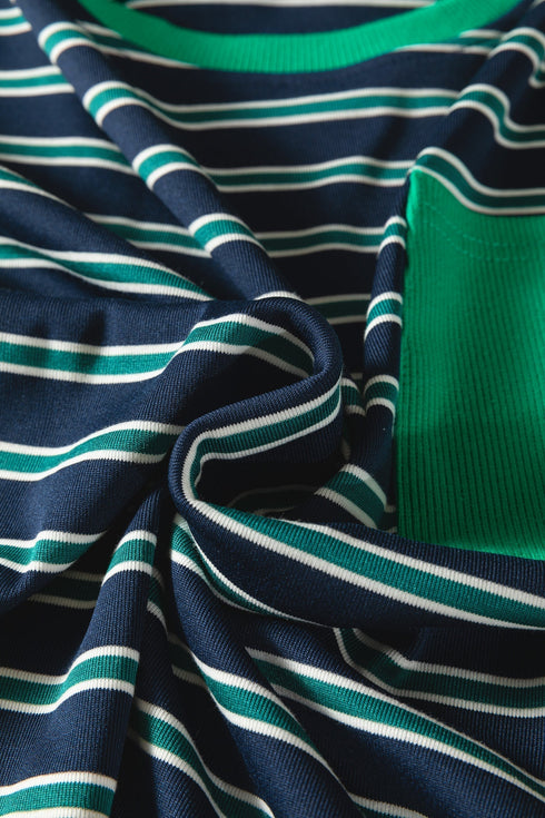 Striped Ribbed Patchwork Pocket Crew Neck Long Sleeve Top