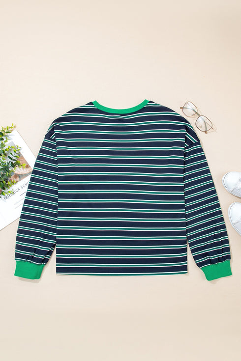 Striped Ribbed Patchwork Pocket Crew Neck Long Sleeve Top