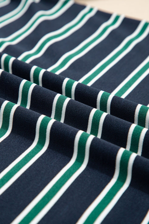Striped Ribbed Patchwork Pocket Crew Neck Long Sleeve Top