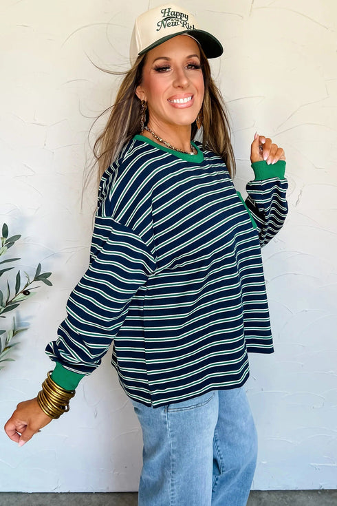 Striped Ribbed Patchwork Pocket Crew Neck Long Sleeve Top