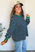Striped Ribbed Patchwork Pocket Crew Neck Long Sleeve Top