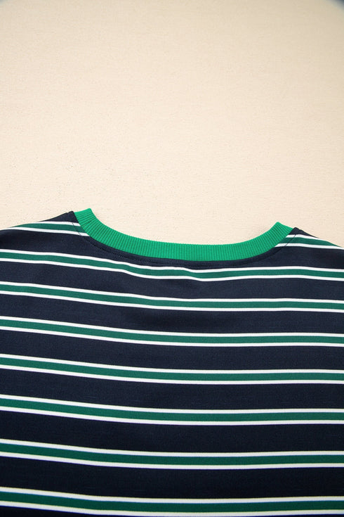 Striped Ribbed Patchwork Pocket Crew Neck Long Sleeve Top