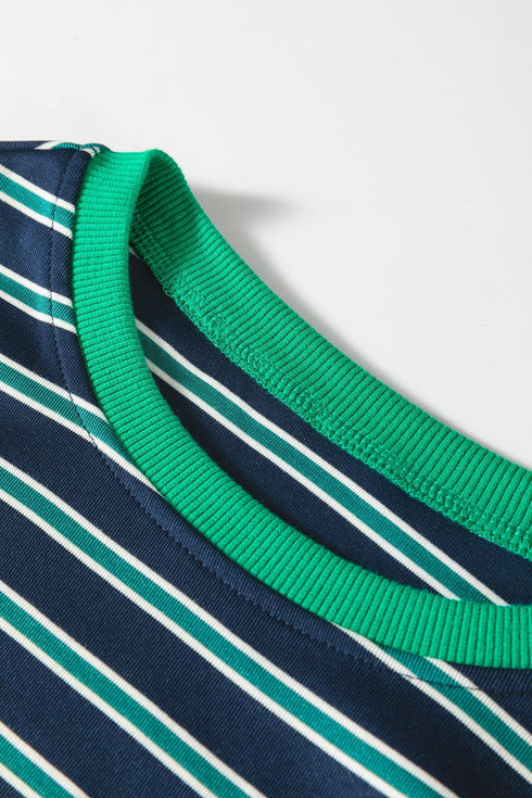 Striped Ribbed Patchwork Pocket Crew Neck Long Sleeve Top