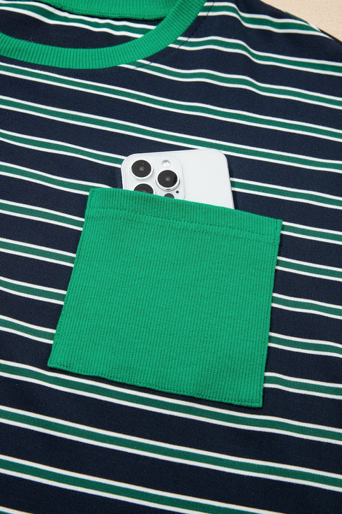 Striped Ribbed Patchwork Pocket Crew Neck Long Sleeve Top