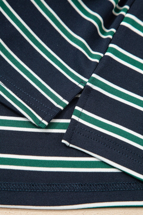 Striped Ribbed Patchwork Pocket Crew Neck Long Sleeve Top