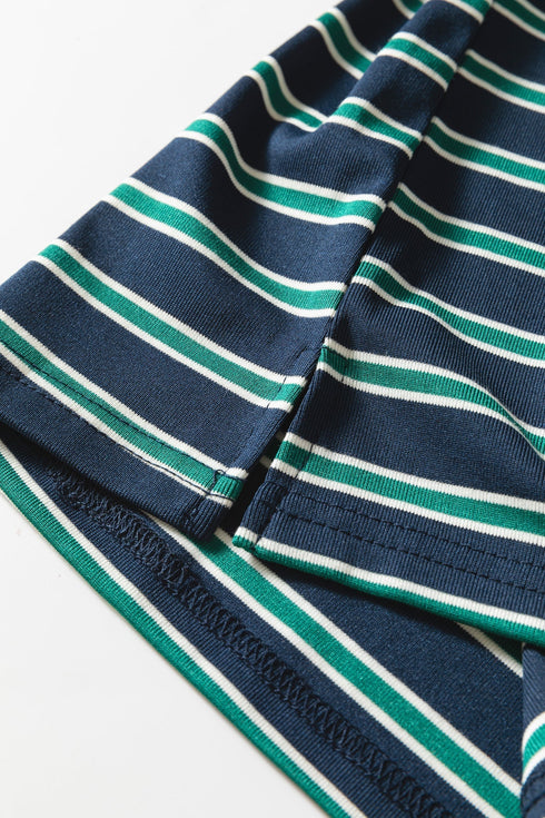 Striped Ribbed Patchwork Pocket Crew Neck Long Sleeve Top