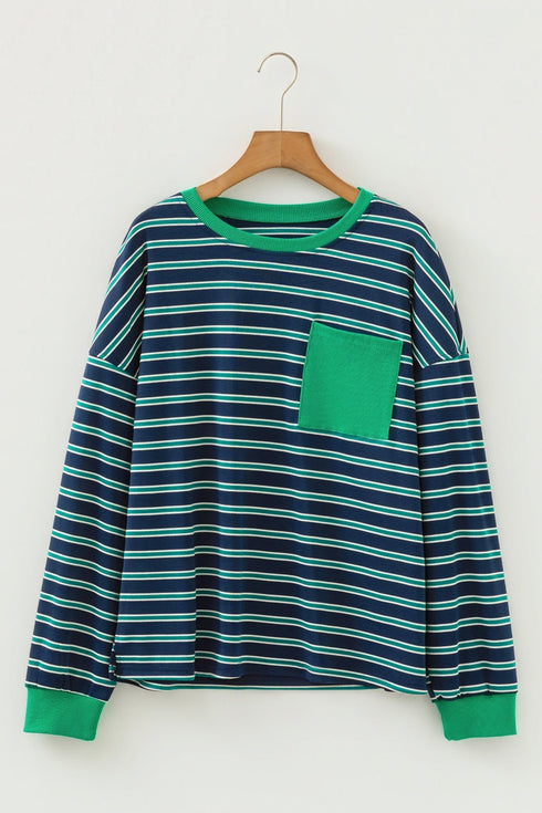 Striped Ribbed Patchwork Pocket Crew Neck Long Sleeve Top