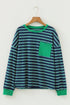 Striped Ribbed Patchwork Pocket Crew Neck Long Sleeve Top