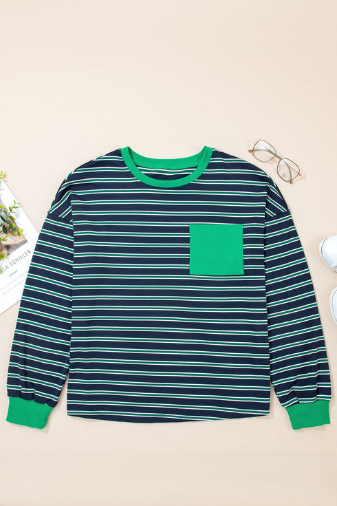 Striped Ribbed Patchwork Pocket Crew Neck Long Sleeve Top