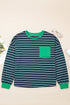 Striped Ribbed Patchwork Pocket Crew Neck Long Sleeve Top