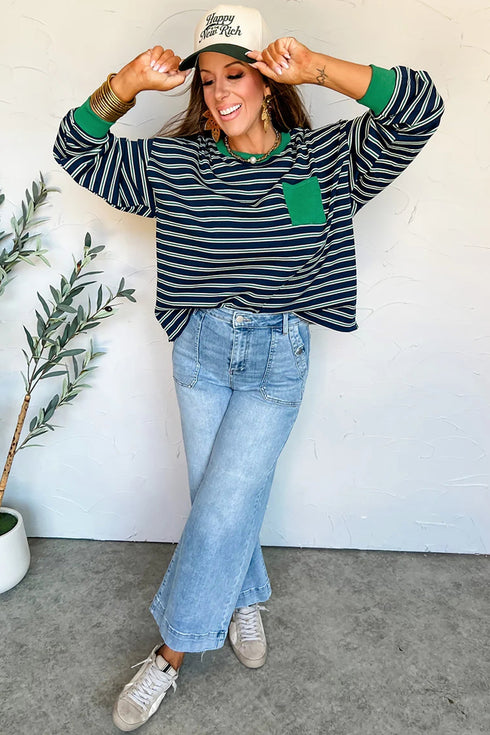 Striped Ribbed Patchwork Pocket Crew Neck Long Sleeve Top