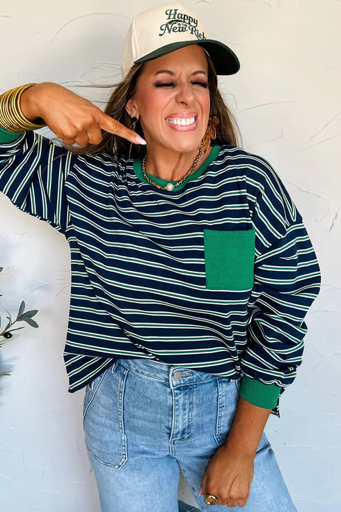 Striped Ribbed Patchwork Pocket Crew Neck Long Sleeve Top