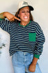 Striped Ribbed Patchwork Pocket Crew Neck Long Sleeve Top