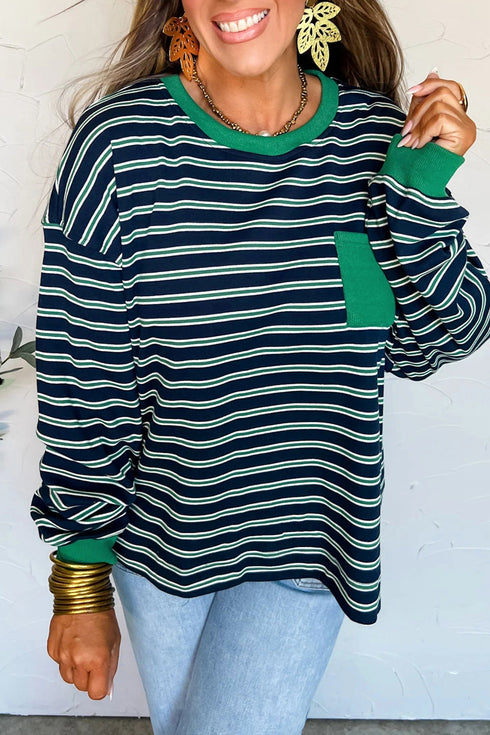 Striped Ribbed Patchwork Pocket Crew Neck Long Sleeve Top