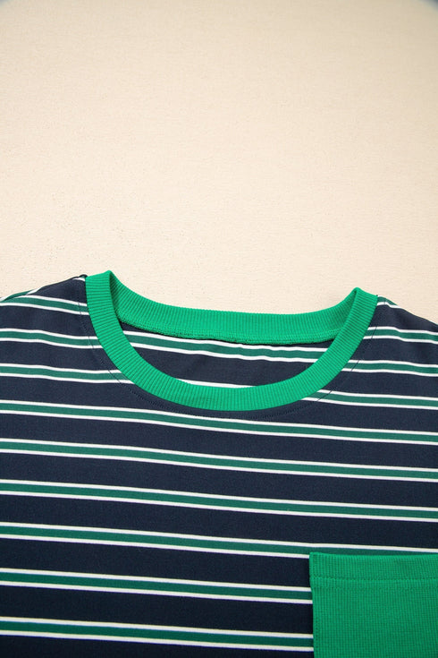 Striped Ribbed Patchwork Pocket Crew Neck Long Sleeve Top