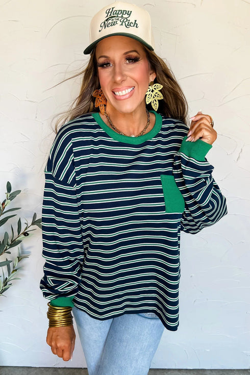 Striped Ribbed Patchwork Pocket Crew Neck Long Sleeve Top