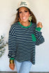 Striped Ribbed Patchwork Pocket Crew Neck Long Sleeve Top