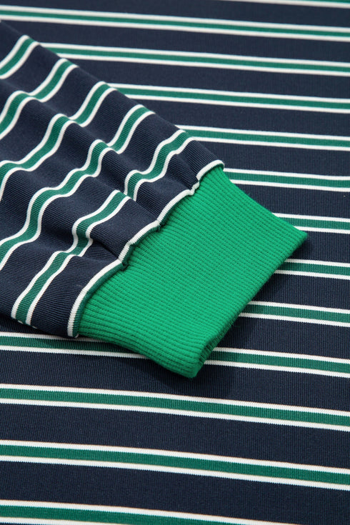 Striped Ribbed Patchwork Pocket Crew Neck Long Sleeve Top