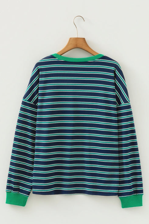 Striped Ribbed Patchwork Pocket Crew Neck Long Sleeve Top
