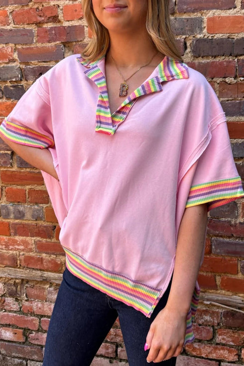 Striped Ribbed Patchwork Raw Seam Oversized Polo Tee
