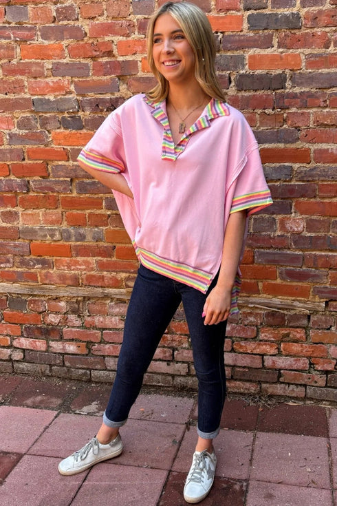 Striped Ribbed Patchwork Raw Seam Oversized Polo Tee