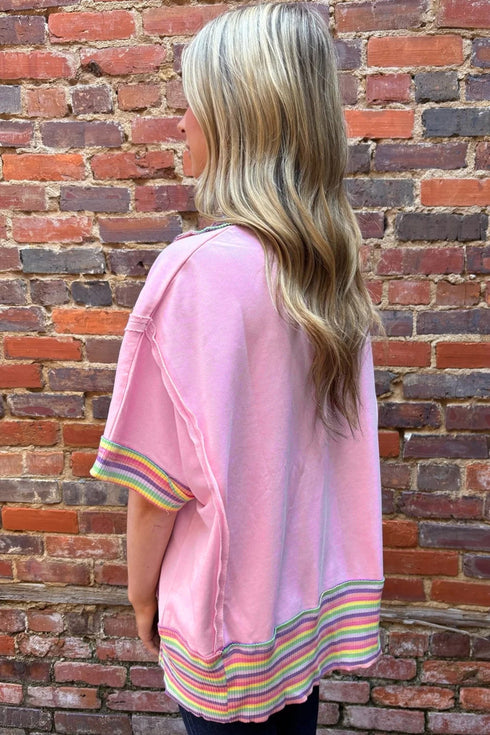 Striped Ribbed Patchwork Raw Seam Oversized Polo Tee