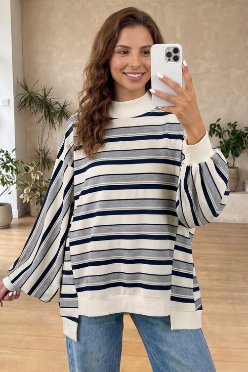 Striped Ribbed Stand Neck Long Sleeve Shift Sweatshirt