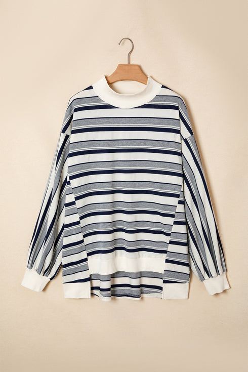 Striped Ribbed Stand Neck Long Sleeve Shift Sweatshirt