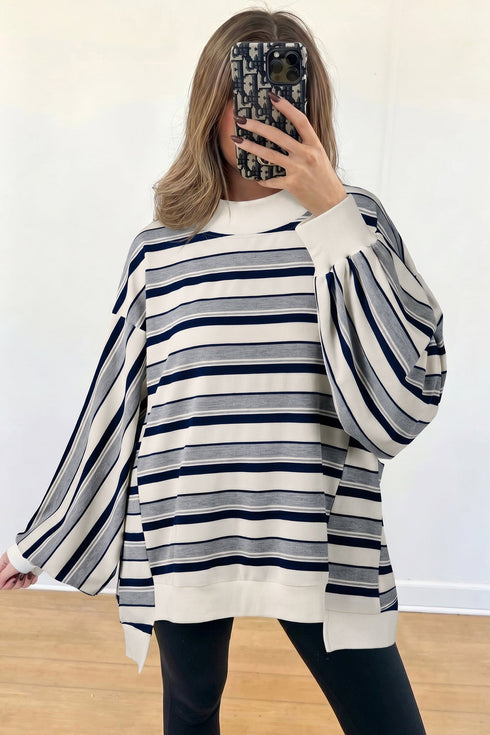 Striped Ribbed Stand Neck Long Sleeve Shift Sweatshirt