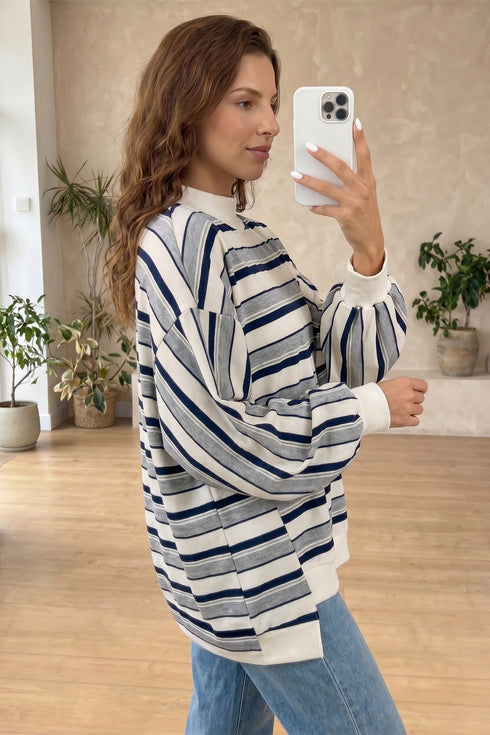 Striped Ribbed Stand Neck Long Sleeve Shift Sweatshirt