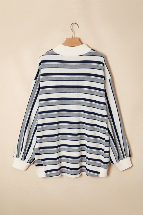 Striped Ribbed Stand Neck Long Sleeve Shift Sweatshirt