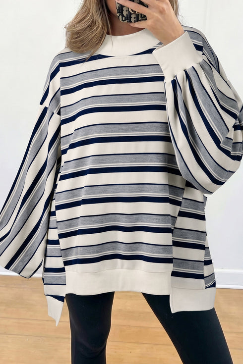 Striped Ribbed Stand Neck Long Sleeve Shift Sweatshirt