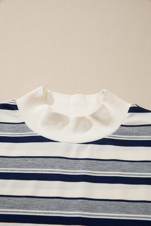 Striped Ribbed Stand Neck Long Sleeve Shift Sweatshirt