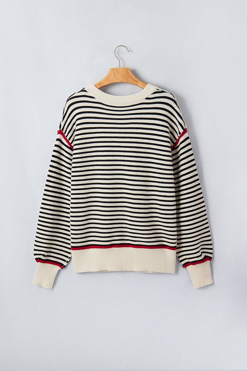 Striped Ribbed Trim Drop Shoulder Oversized Sweater