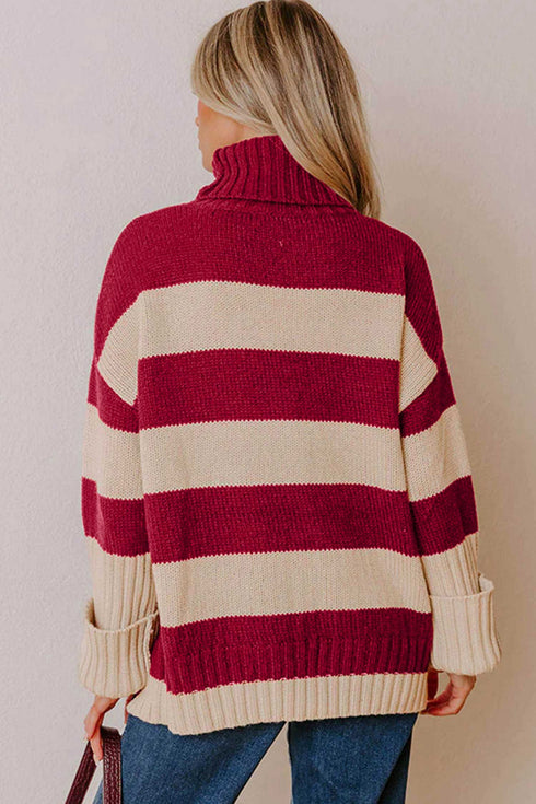 Striped Ribbed Trim High Neck Relaxed Pullover Sweater