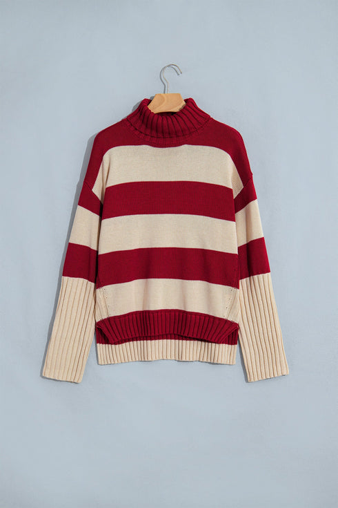 Striped Ribbed Trim High Neck Relaxed Pullover Sweater