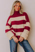 Striped Ribbed Trim High Neck Relaxed Pullover Sweater
