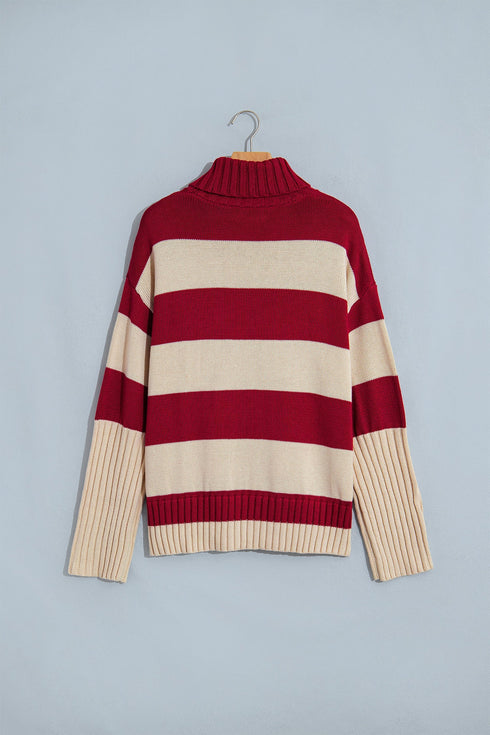 Striped Ribbed Trim High Neck Relaxed Pullover Sweater