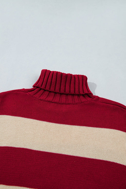 Striped Ribbed Trim High Neck Relaxed Pullover Sweater