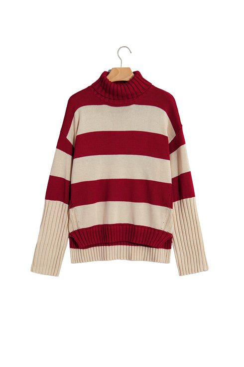 Striped Ribbed Trim High Neck Relaxed Pullover Sweater