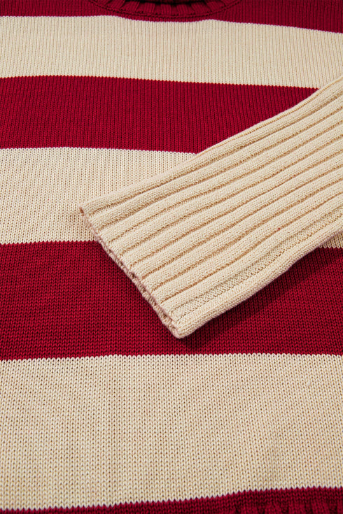 Striped Ribbed Trim High Neck Relaxed Pullover Sweater