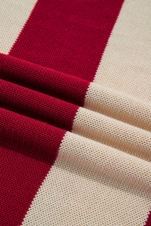 Striped Ribbed Trim High Neck Relaxed Pullover Sweater