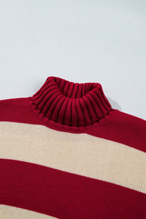 Striped Ribbed Trim High Neck Relaxed Pullover Sweater