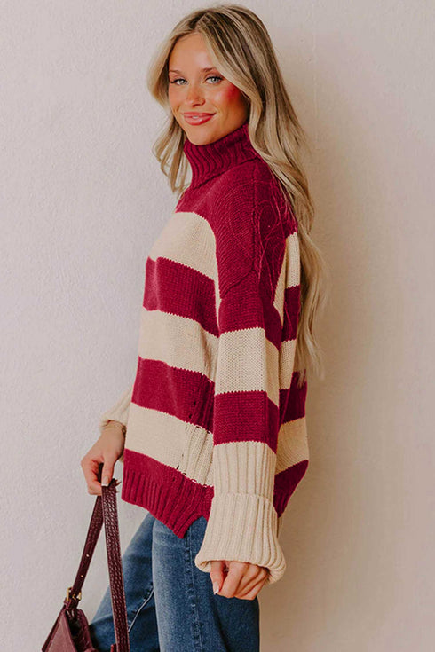 Striped Ribbed Trim High Neck Relaxed Pullover Sweater